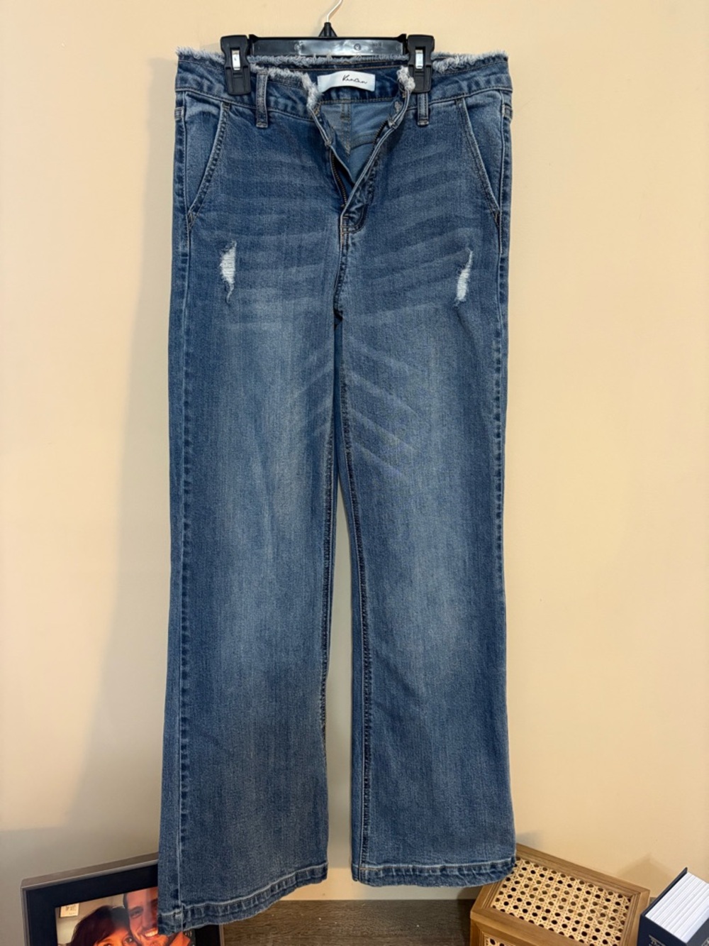 KanCan Distressed Wide-Leg Jeans in Medium Blue